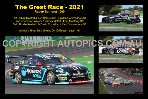 662 - The Great Race 2021 - A Collage of 4 photos showing the first three place getters from  Bathurst 1000, 2021 with winners time and laps completed.