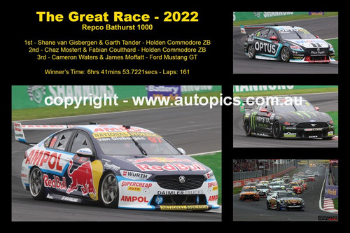 663 - The Great Race 2022 - A Collage of 4 photos showing the first three place getters from Bathurst 1000, 2022 with winners time and laps completed.