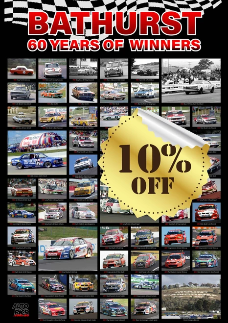 60 Years of Bathurst  - Bathurst - 60 YEARS OF WINNERS, Black Background, HUGE 20x30 Inches, Lustre Print