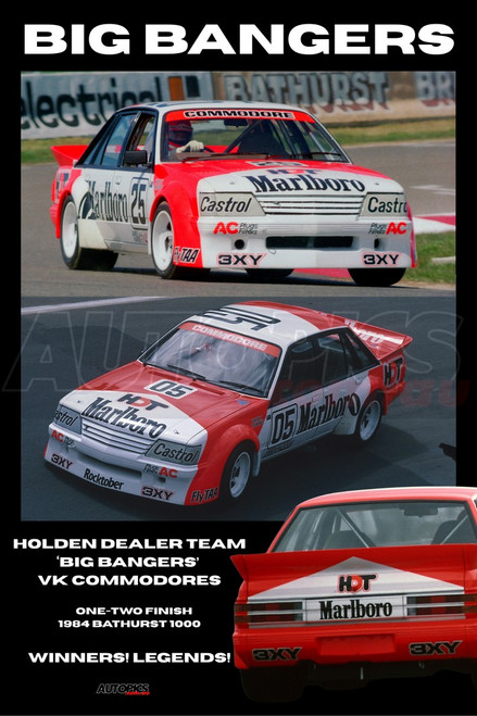 AUT002 -  Poster, BIG BANGERS, 1984, HOLDEN VK COMMODORES, Peter Brock & Larry Perkins also John Harvey & David Parsons, James Hardie 1000, Bathurst, 1st and 2nd!