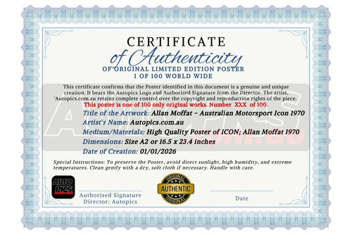 AUTOLTD-AM1970 - LIMITED EDITION Poster, Allan Moffat - AUSTRALIAN MOTORSPORT ICON - 1970 , 1970 Hardie Ferodo 500, Winner!