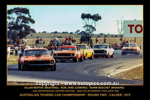 72115-F - Allan Moffat (Mustang), Bob Jane (Camaro), Norm Beechey (Monaro), Ian Geoghegan (Super Falcon) & Malcolm Ramsay (Holden HQ) - Calder, 1972