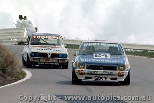 77779  - G. Marshall / B. van Rooyen Torana A9X  Completed 107 Laps & J. Lang-Peach / B. Evans Triumph Dolomite Sprint Completed 12 Laps   Bathurst 1977 - Photographer Richard Austin