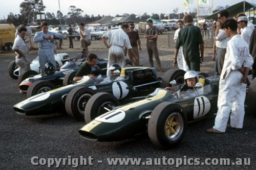 66590 - Jim Palmer Lotus 32B Climax - Jim Clark Lotus 39 Climax - Graham Hill BRM - Tasman Series  Warwick Farm 1966 - Photographer Adrien Schagen