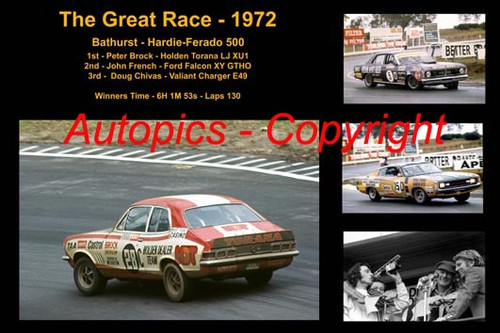 603 - The Great Race 1972 - A collage of the first three place getters from  Bathurst 1972 with winners time and laps completed. Brock Torana LJ XU1 - French Falcon XY - Chivas Valiant Charger E49