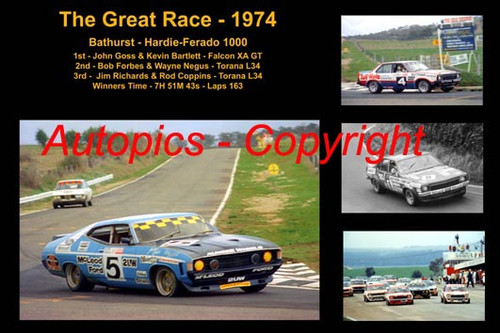 605 - The Great Race 1974 - A collage of the first three place getters from  Bathurst 1974 with winners time and laps completed. Goss / Bartlett Falcon XA GT - Forbes / Negus Torana L34 - Richards / Coppins Toran L34