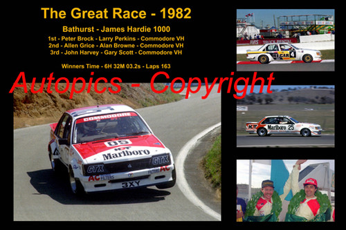 613 - The Great Race 1982 - A collage of the first three place getters from  Bathurst 1982 with winners time and laps completed.