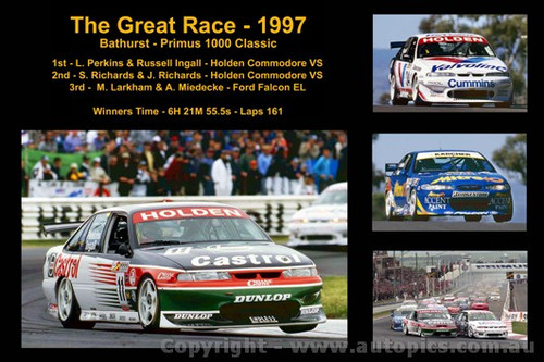 628 - The Great Race 1997 - A collage of the first three place getters from  Bathurst 1997 with winners time and laps completed.