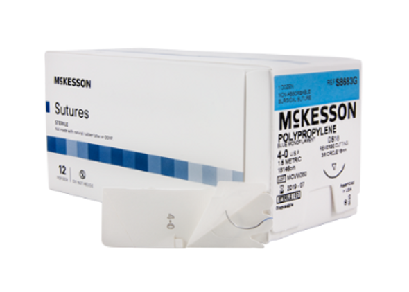 1034520  McKesson  S8683GX SUTURE, 4-0 POLYPRO 18" C-13 (12/BX)
Suture with Needle McKesson Nonabsorbable Blue Monofilament Polypropylene Size 4-0 18 Inch Suture 1-Needle 19 mm 3/8 Circle Reverse Cutting Needle