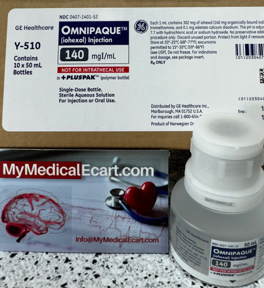 GE HealthCare Y510 Omnipaque™ (iohexol) Injection 140mg I/mL, 50 mL +PLUSPAK polymer bottles, Box of 10 (NDC 0407-1401-52)