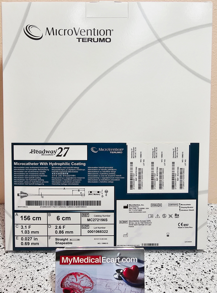 Microvention MC272156S Headway 27 Microcatheter with Hydrophilic Coating, ID 0.027" , Straight tip, 156cm X 6cm, OD Prox. 3.1Fr. , Distal 2.6Fr, 2 tip markers. Box of 01