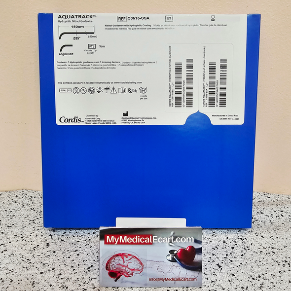 Cordis C3515SSA  AQUATRACK® Hydrophilic Angled Tip Nitinol Vascular Guidewire, Stiff Wire, 0.035", 150cm, Box of 05
