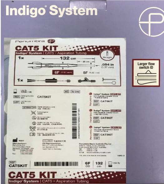 Penumbra CAT5KIT Indigo® Catheter 5, Straight Tip 132cm + Dynamic Aspiration Tubing, 6.0 Fr / 5.0 Fr. 132cm. Box of 01