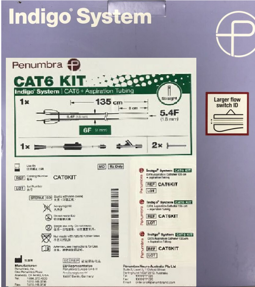 Penumbra CAT6KIT Indigo® Catheter 6, Straight Tip 135cm + Dynamic Aspiration Tubing, 6.0 Fr / 6.0 Fr. x  135 cm. Box of 01