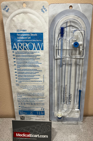 Cath Lab Arrow CP-08803 Percutaneous Sheath Introducer Set w integral Hemostasis valve/side port , 8Fr. , 11cm. Case of 10 (CP-08803