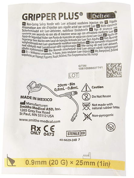 Smiths Medical 21-2966-24 GRIPPER PLUS® Safety Needles with Luer Active Needleless Y-Site, 20 Gauge, 1" (25 mm) Length, Box of 12