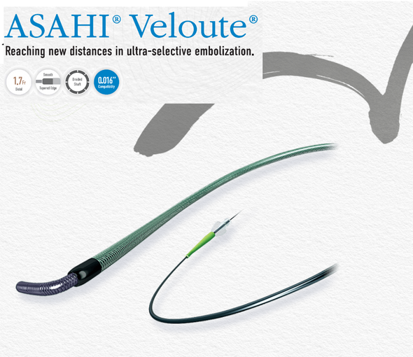 ASAHI VEL105-16AK Veloute Microcatheter, 1.7F/2.8F, 105 cm Usable Length, Hydrophilic Coating 65 cm, Tip Shape Angle, Box of 01