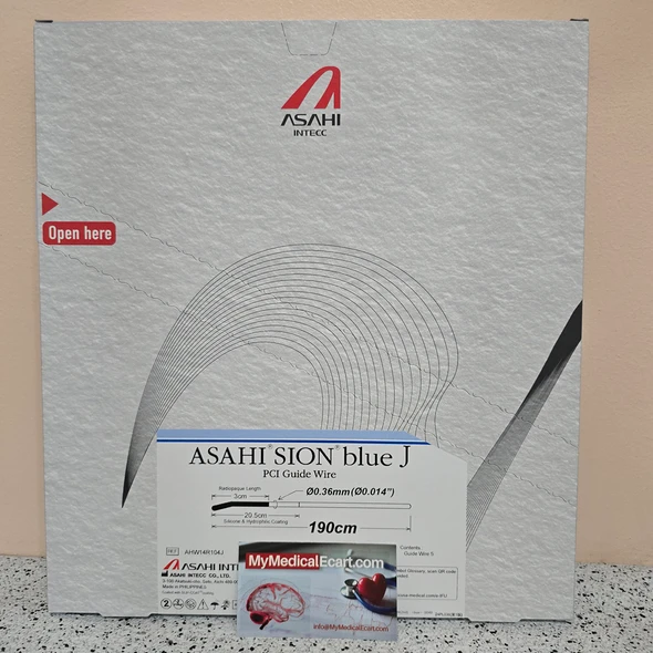 ASAHI AHW14R104J SION Blue, PTCA Guidewire, 190 cm, 0.014 Inch (0.36mm), J Shape, Hybrid Coating: Hydrophilic with Hydrophobic Tip, Box of 5