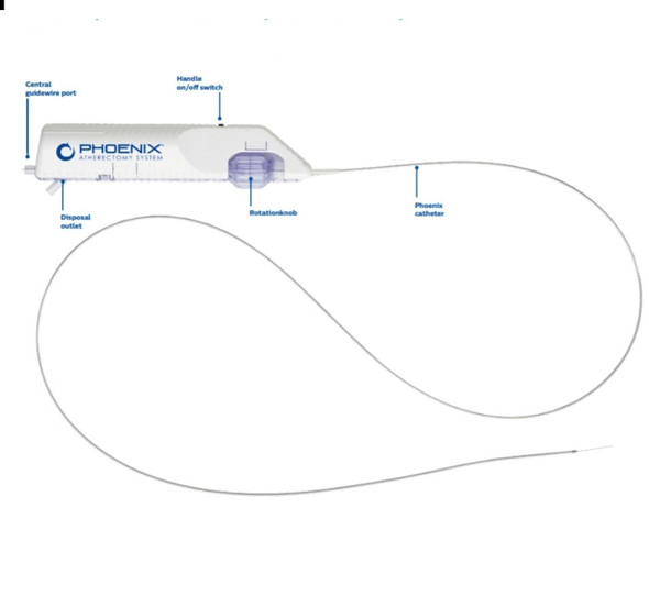 PD24130K  Phoenix Atherectomy System, Catheter size 2.4mm x 130cm deflecting, Introducer size 7F (>2.4 mm), Working length 130cm , Guidewire diameter 0.14". Box of 01 Kit