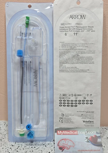 ARROW CL-07611 Super Arrow-Flex sheath Introducer Set, without Wire Guide, 6Fr. x 11cm, with Integral Side Port /Hemostasis Valve and attached 3-Way Stopcock, Box of 10