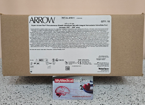 ARROW CL-07611 Super Arrow-Flex sheath Introducer Set, without Wire Guide, 6Fr. x 11cm, with Integral Side Port /Hemostasis Valve and attached 3-Way Stopcock, Box of 10