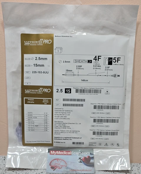 Abbott 225-153-5UU Sapphire™ II PRO, Balloon Dilatation Catheter 2.5 mm x 15 mm, Box of 01
