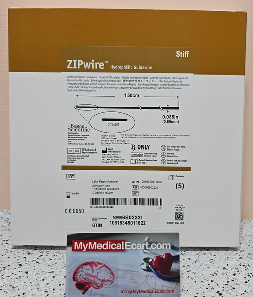 Boston Scientific M0066802221 ZIPwire Nitinol Hydrophilic Guidewire, 680222, Stiff Shaft, Straight, 150cm x 0.035in, Box of 05