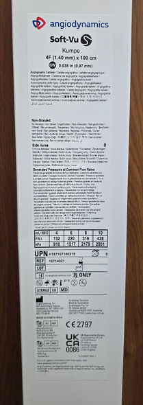 Angiodynamics 10714021 Soft-Vu ® H787107140215  Angiographic Catheters 4F (1.4mm) x 100 cm x 0.038 in., Kumpe,  Box of 5