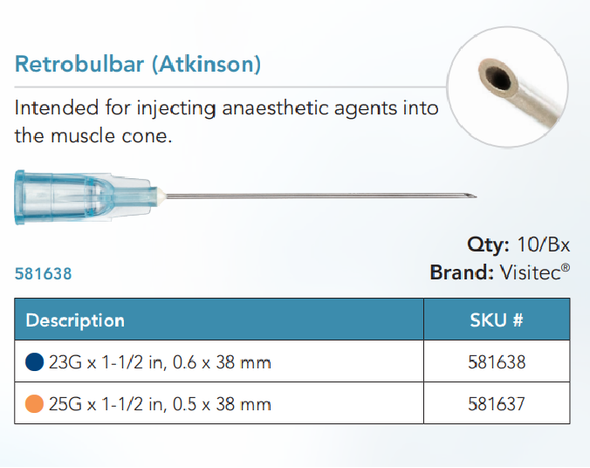 Visitec 581638 Anesthesia Cannulas Administration, Retrobulbar (Atkinson) 23G x 1-1/2 in, 0.6 x 38 mm, Box of 10