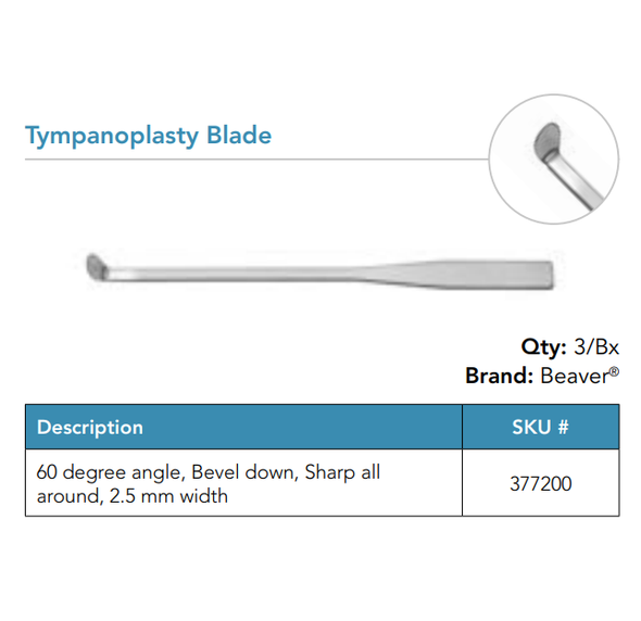 Visitec 377200 Beaver® Tympanoplasty Blade, 60° angled, sharp all around 2.5mm W, bevel down, Box of 03