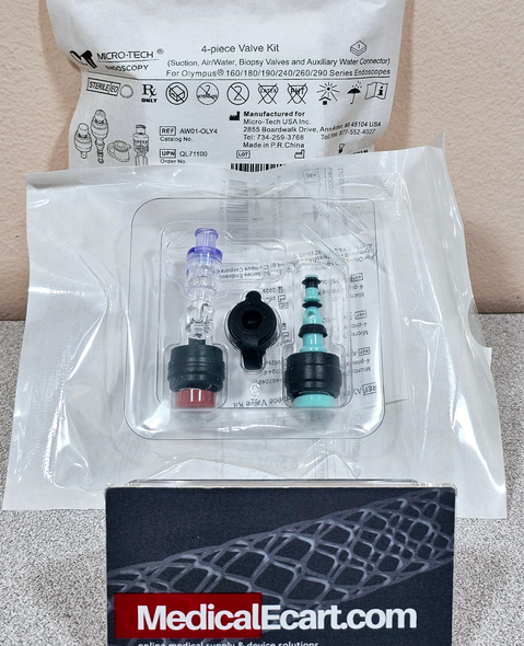 Micro-Tech QL71101 Endoscope Valves Kit, AW01-OLY4, Air/Water & Suction, Biopsy Valve, Aux Water Kit, Olympus®, 4-Piece Kit, Single Use. Box of 50