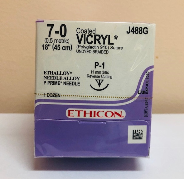 Ethicon J488G EXPIRE 2020-07 Coated VICRYL Suture, Absorbable, Precision Point - Reverse Cutting, P-1 11mm 3/8 Circle, Undyed Braided, 18" ˜ 45cm, Size: 7-0, 12/box