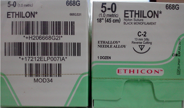 Ethicon 668G-EXPIRED-01/2019 ETHILON Suture, Non-Absorbable, Reverse Cutting, C-3 13mm 3/8 Circle, Black Monofilament, 18" ˜ 45cm, Size: 5-0, 12/box