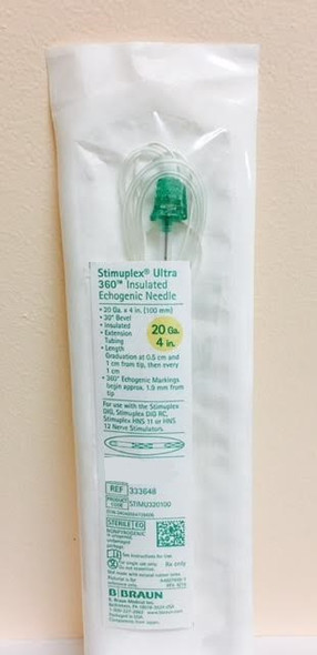 B. Braun 333648 Stimuplex® Ultra 360® 20 Ga. x 4 in. (100 mm) Insulated Echogenic Needle with 30° Bevel and Extension Set. Case of 25