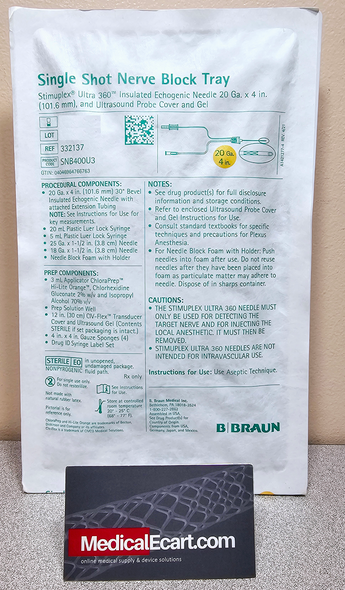 B. Braun 332137 Stimuplex® Ultra 360® Insulated Echogenic Needle, 20 Ga. x 4 in, and Ultrasound Transducer Cover and Gel, Single Shot Nerve Block Tray (Kit), Case of 10