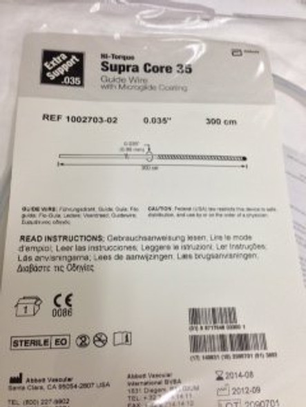 1002703-02 Abbott Hi-Torque Supracore Peripheral Guide Wire .035x300cm Supra Core