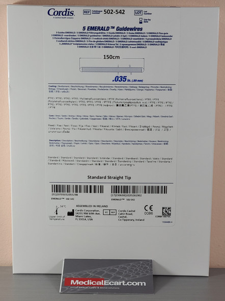 Cordis 502-542 Emerald 502542, Fixed-core PTFE Coated Wires .035 x 150 cm, Box of 5