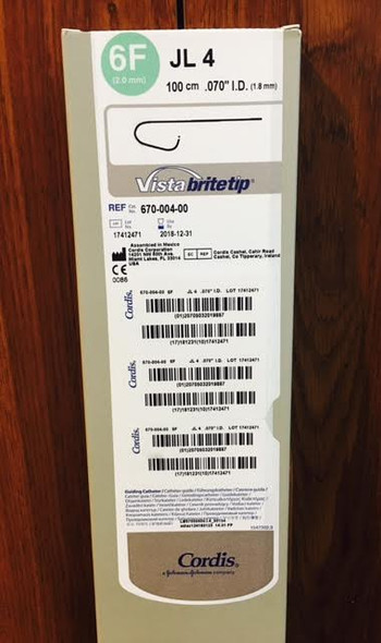 Cordis 67000400 VISTA BRITE TIP, 670-004-00 Guiding Catheters 6Fr JL4 100cm x .070" I.D. (1.8mm), Box of 01