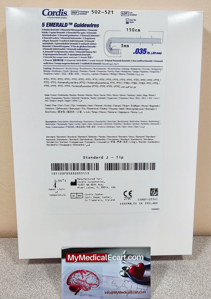 Cordis EMERALD Guidewire 0.035  502-521 3mm J tip Cordis EMERALD PTFE-Coated J-Curve Diagnostic Guidewire, 0.035IN, 150cm, 3mm
