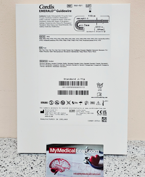 Cordis EMERALD Guidewire 0.035  502-521 3mm J tip Cordis EMERALD PTFE-Coated J-Curve Diagnostic Guidewire, 0.035IN, 150cm, 3mm