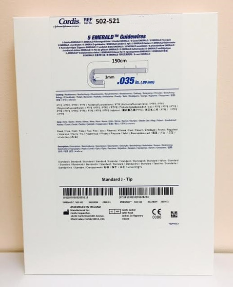 Cordis EMERALD Guidewire 0.035  502-521 3mm J tip Cordis EMERALD PTFE-Coated J-Curve Diagnostic Guidewire, 0.035IN, 150cm, 3mm