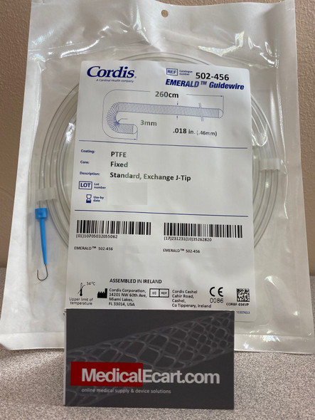 Cordis 502456, Standard Tip .018 x 260cm Emerald 502-456, Guidewire Std, 3mm J tip Tip, 7cm Flexible tip Length, Box of 5