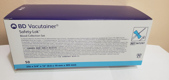 BD Vacutainer, Safety-Lok, Blood Collection Set 23 Gauge 3/4 Inch Needle Length Safety Needle 12 Inch Tubing Sterile, box of 50 (367297)
