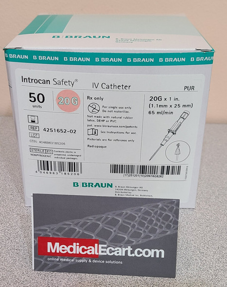 B. Braun 4251652-02 Introcan Safety® IV Catheter 20 Ga. x 1 in., PUR, Straight, Box of 50