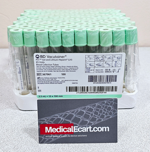367961 BD Vacutainer® PST™ Venous Blood Collection Tube Plasma Tube Lithium Heparin / Separator Gel Additive 13 X 100 mm 3.5 mL Light Green, Box of 100