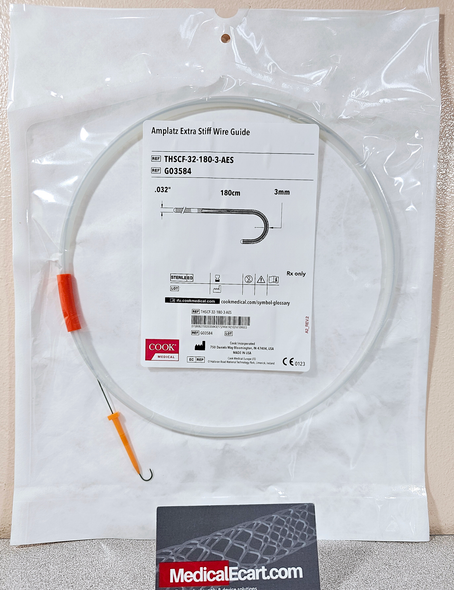 G03584  SAFE-T-J  Amplatz Extra Stiff Extra-Stiff Curved – PTFE-Coated Stainless Steel  THSCF-32-180-3-AES .032", 180cm, 3 mm curved 8cm taper Length Box of 5