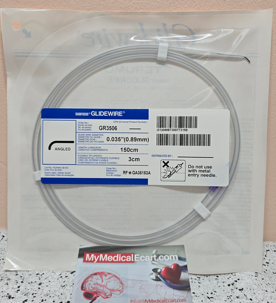 GR3506 Terumo Glidewire ® RF*GA35153A Hydrophilic Coated Guidewire for Peripheral Application Standard, angle tip, .035" diameter, 150 cm long, 3 cm flexible tip length. Box of 5