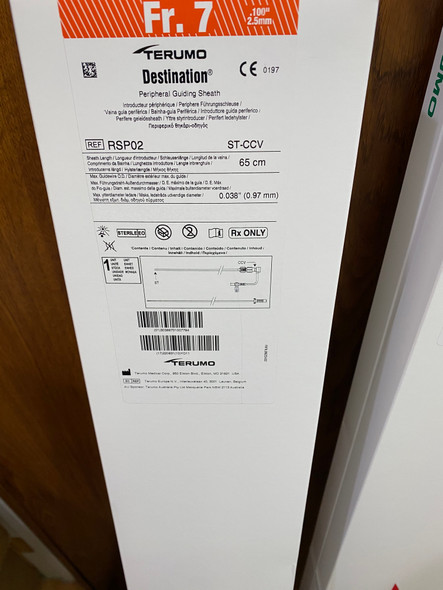 RSP02 Terumo Destination 7Fr., Length 65 cm, Hydrophilic Coating Length 35 cm, Cross-Cut, Straight. Box of 01