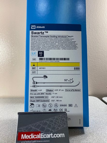 St. Jude 407451 Swartz Braided SL Transseptal Guiding Introducer Sheath with Hemostasis Valve and Sideport, Dilator, and 180 cm Super Stiff Guidewire with Finger Straightenable 3 mm "J". 8.5F, .032", SL0™, 63cm, 1 unit per box
