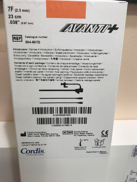 504-607D 7Fr. x 23cm Cordis  AVANTI  + Mid-Length Sheath Introducer,  Box of 5